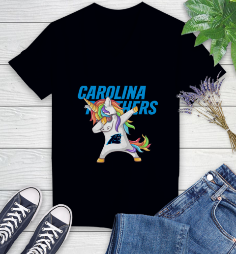 Carolina Panthers NFL Football Funny Unicorn Dabbing Sports Women's V-Neck T-Shirt 2