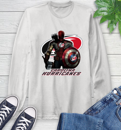 NHL Captain America Thor Spider Man Hawkeye Avengers Endgame Hockey Carolina Hurricanes Long Sleeve T-Shirt