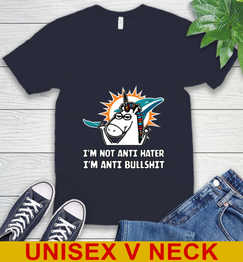 Miami Dolphins NFL Football Unicorn I'm Not Anti Hater I'm Anti Bullshit V-Neck T-Shirt 3