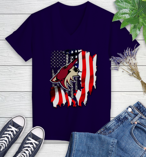 Arizona Coyotes NHL Hockey American Flag Women's V-Neck T-Shirt 3