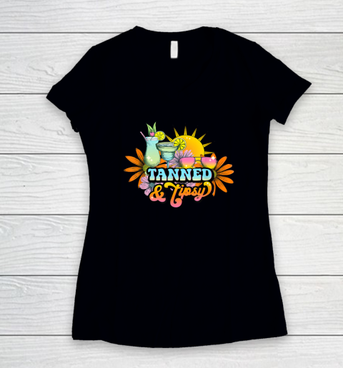 Cute Summer Tanned And Tipsy Funny Salty Beaches Girls Trip Women's V-Neck T-Shirt