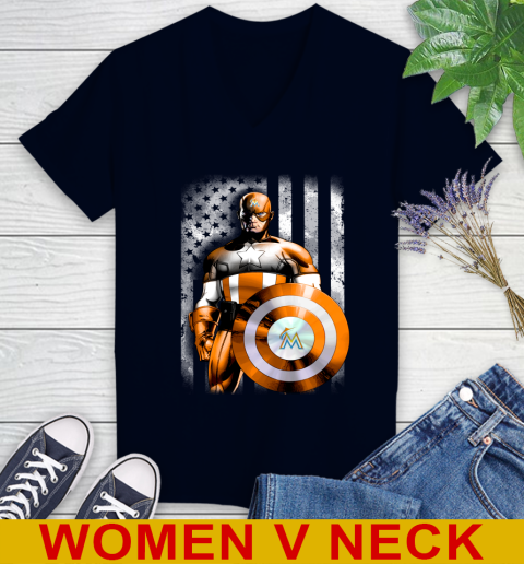 Miami Marlins MLB Baseball Captain America Marvel Avengers American Flag Shirt Women's V-Neck T-Shirt 2