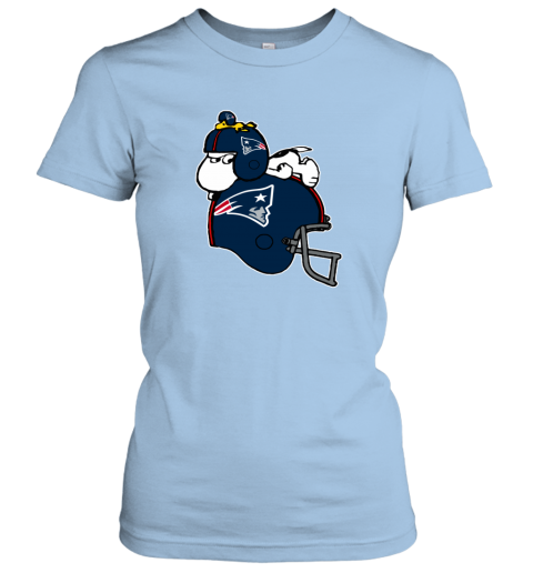 vpo3 snoopy and woodstock resting on new englands patriots helmet ladies t shirt 20 front light blue