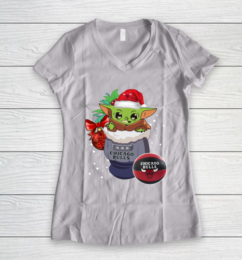 Chicago Bulls Christmas Baby Yoda Star Wars Funny Happy NBA Women's V-Neck T-Shirt 2
