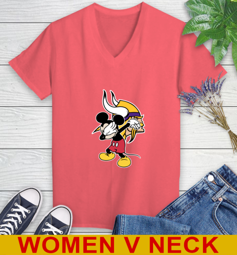 Minnesota Vikings NFL Football Dabbing Mickey Disney Sports Women's V-Neck T-Shirt 7