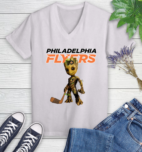 Philadelphia Flyers NHL Hockey Groot Marvel Guardians Of The Galaxy Women's V-Neck T-Shirt