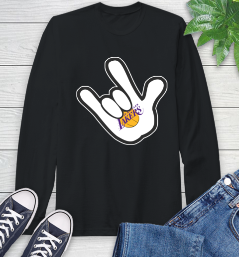 Los Angeles Lakers NBA Basketball Mickey Rock Hand Disney Long Sleeve T-Shirt 2