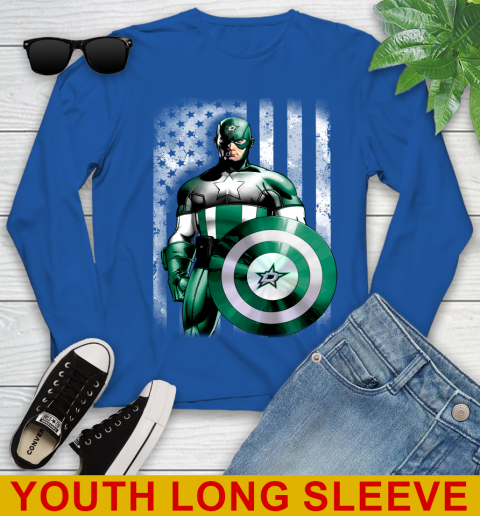 Dallas Stars NHL Hockey Captain America Marvel Avengers American Flag Shirt Youth Long Sleeve 10