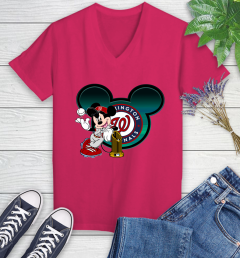 MLB Washington Nationals The Commissioner's Trophy Mickey Mouse Disney Women's V-Neck T-Shirt 9