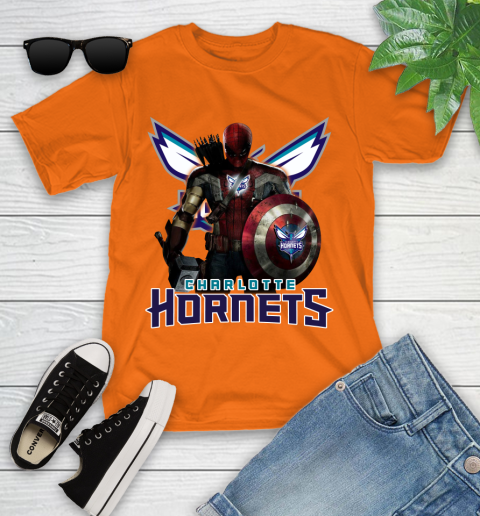 Charlotte Hornets NBA Basketball Captain America Thor Spider Man Hawkeye Avengers Youth T-Shirt 7