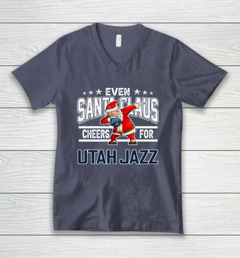 Utah Jazz Even Santa Claus Cheers For Christmas NBA V-Neck T-Shirt 7