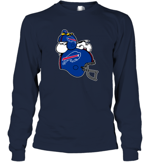 ivea snoopy and woodstock resting on buffalo bills helmet long sleeve tee 14 front navy