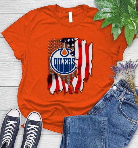 Edmonton Oilers NHL Hockey American Flag Women's T-Shirt 3