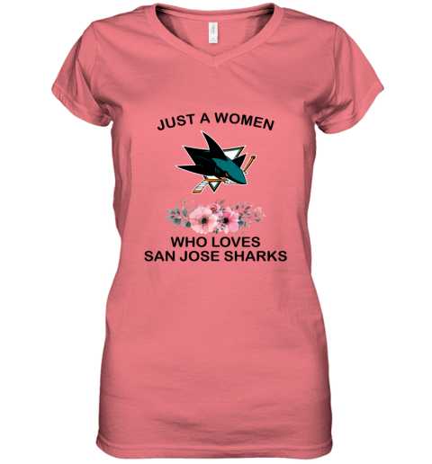 qzq2 just a woman who loves san jose sharks women v neck t shirt 39 front coral