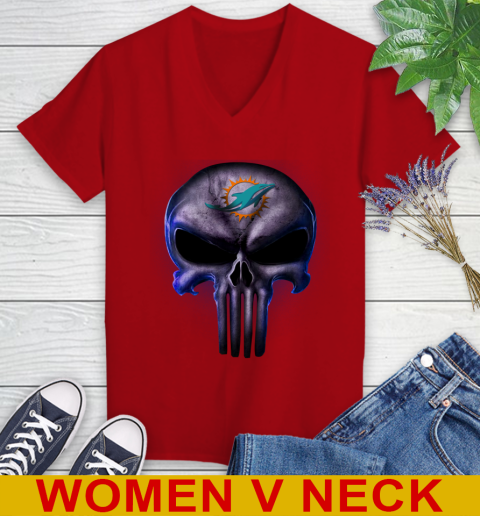 Miami Dolphins NFL Football Punisher Skull Sports Women's V-Neck T-Shirt 10