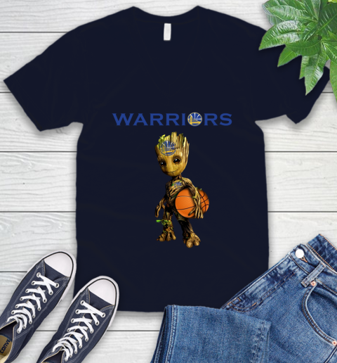 Golden State Warriors NBA Basketball Groot Marvel Guardians Of The Galaxy V-Neck T-Shirt 3