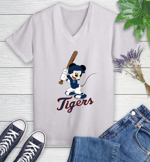 MLB Baseball Detroit Tigers Cheerful Mickey Mouse Shirt Women's V-Neck T-Shirt 2