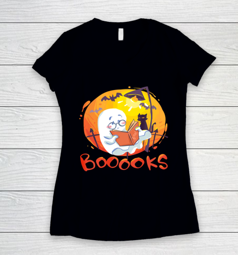Booooks Ghost Funny Halloween Book Lover Library Reading Women's V-Neck T-Shirt