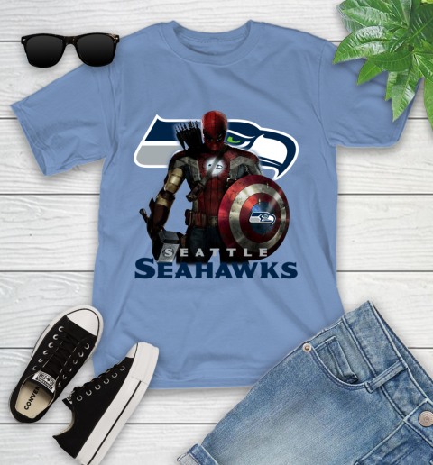 NFL Captain America Thor Spider Man Hawkeye Avengers Endgame Football Seattle Seahawks Youth T-Shirt 11