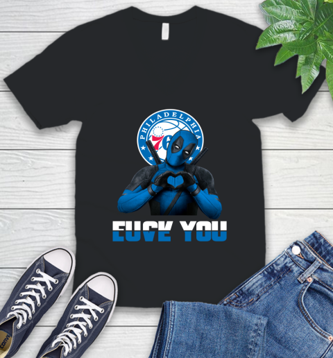 NBA Philadelphia 76ers Deadpool Love You Fuck You Basketball Sports V-Neck T-Shirt