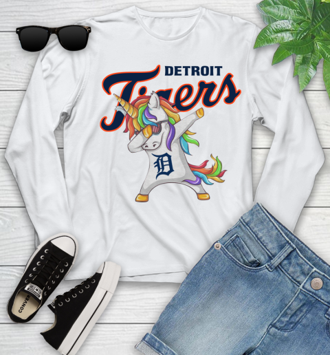 Detroit Tigers MLB Baseball Funny Unicorn Dabbing Sports Youth Long Sleeve