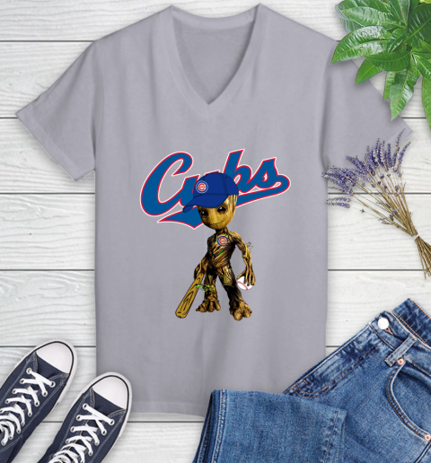 MLB Chicago Cubs Groot Guardians Of The Galaxy Baseball Women's V-Neck T-Shirt 4