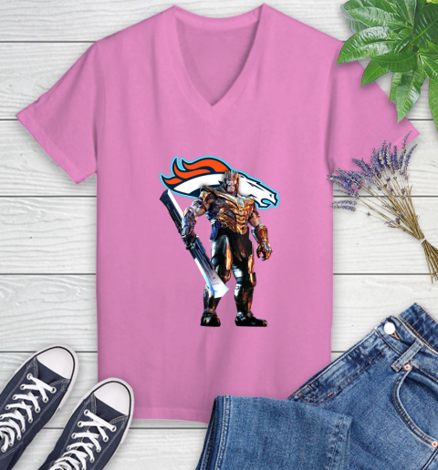 NFL Thanos Gauntlet Avengers Endgame Football Denver Broncos Women's V-Neck T-Shirt 14