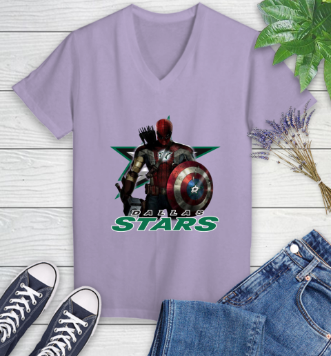 NHL Captain America Thor Spider Man Hawkeye Avengers Endgame Hockey Dallas Stars Women's V-Neck T-Shirt 14