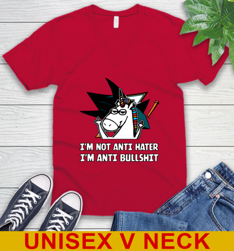 San Jose Sharks NHL Hockey Unicorn I'm Not Anti Hater I'm Anti Bullshit V-Neck T-Shirt 7