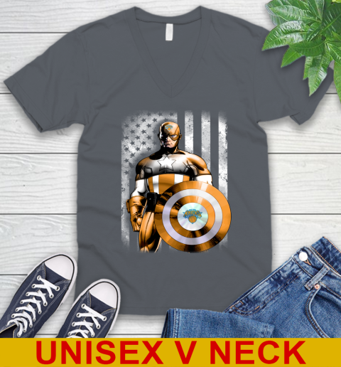 New York Knicks NBA Basketball Captain America Marvel Avengers American Flag Shirt V-Neck T-Shirt 4