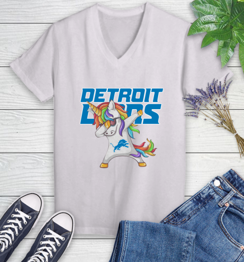 Detroit Lions NFL Football Funny Unicorn Dabbing Sports Women's V-Neck T-Shirt