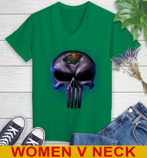 Minnesota Wild NHL Hockey Punisher Skull Sports Women's V-Neck T-Shirt - Image 6