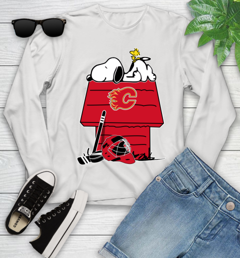 Calgary Flames NHL Hockey Snoopy Woodstock The Peanuts Movie Youth Long Sleeve