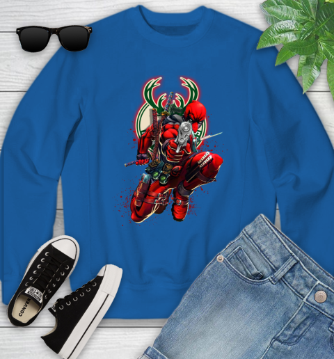 NBA Deadpool Marvel Comics Sports Basketball Milwaukee Bucks Youth Sweatshirt 8