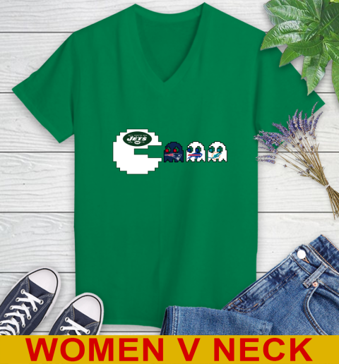 New York Jets NFL Football Pac Man Champion Women's V-Neck T-Shirt 6