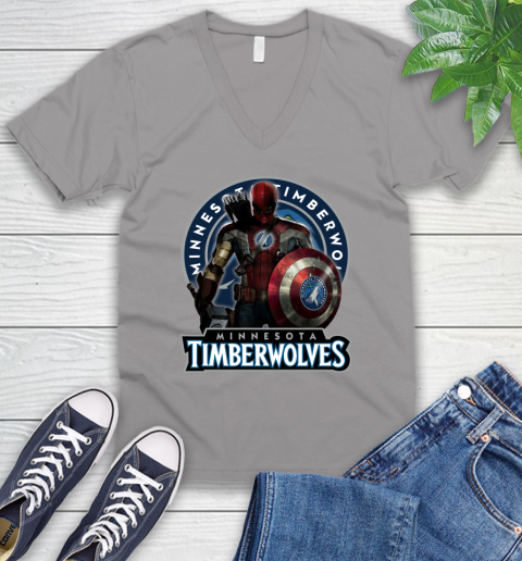 Minnesota Timberwolves NBA Basketball Captain America Thor Spider Man Hawkeye Avengers V-Neck T-Shirt 4