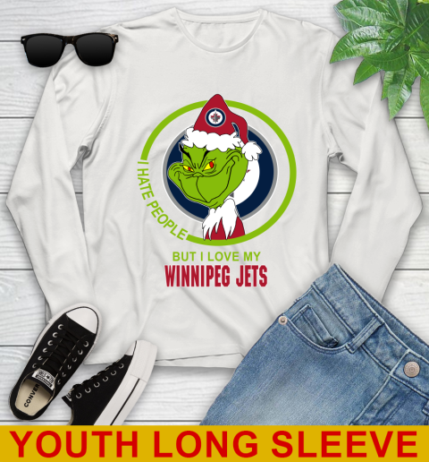 Winnipeg Jets NHL Christmas Grinch I Hate People But I Love My Favorite Hockey Team Youth Long Sleeve 12