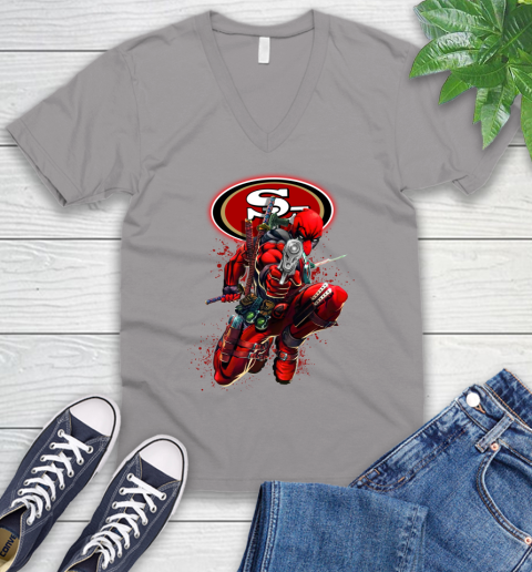 NFL Deadpool Marvel Comics Sports Football San Francisco 49ers V-Neck T-Shirt 4