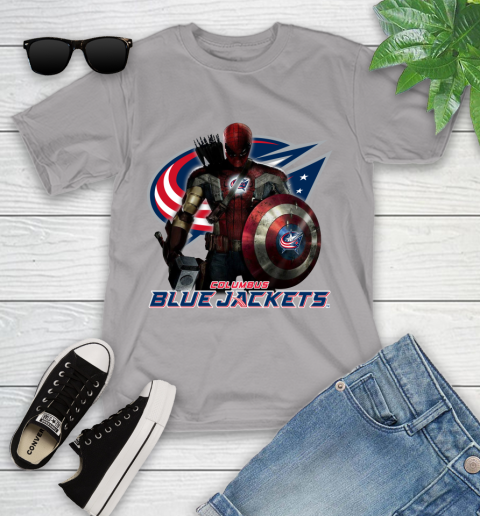 NHL Captain America Thor Spider Man Hawkeye Avengers Endgame Hockey Columbus Blue Jackets Youth T-Shirt 4