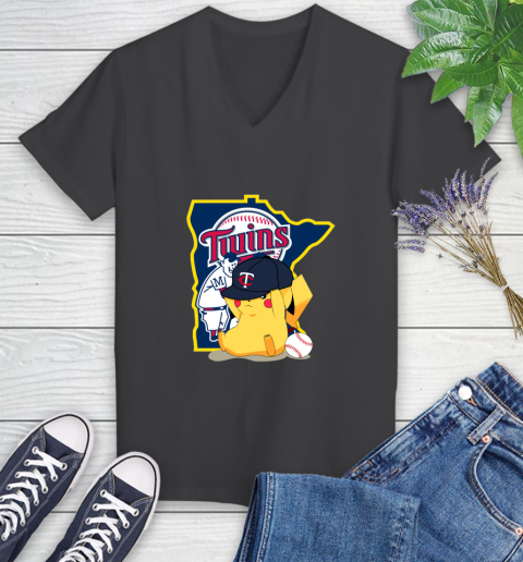 MLB Pikachu Baseball Sports Minnesota Twins Women's V-Neck T-Shirt 8