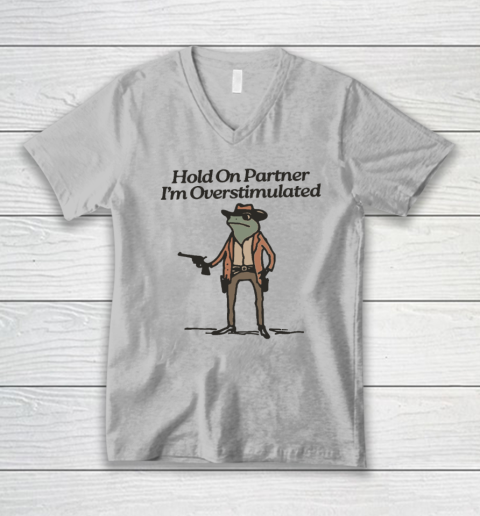 Hold On Partner I'm Overstimulated Cowboy Frog Vintage V-Neck T-Shirt 2