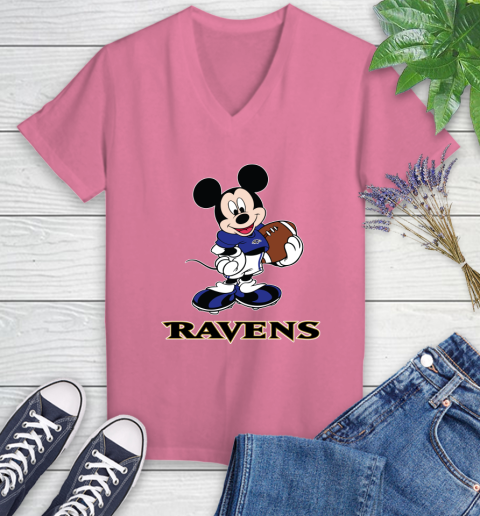 NFL Football Baltimore Ravens Cheerful Mickey Mouse Shirt Women's V-Neck T-Shirt 11