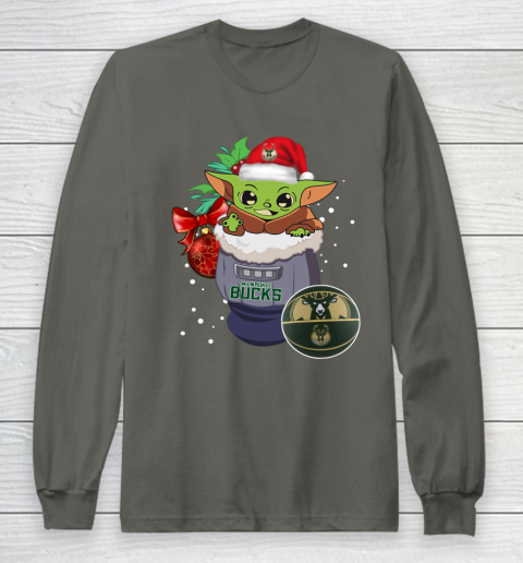 Milwaukee Bucks Christmas Baby Yoda Star Wars Funny Happy NBA Long Sleeve T-Shirt 8