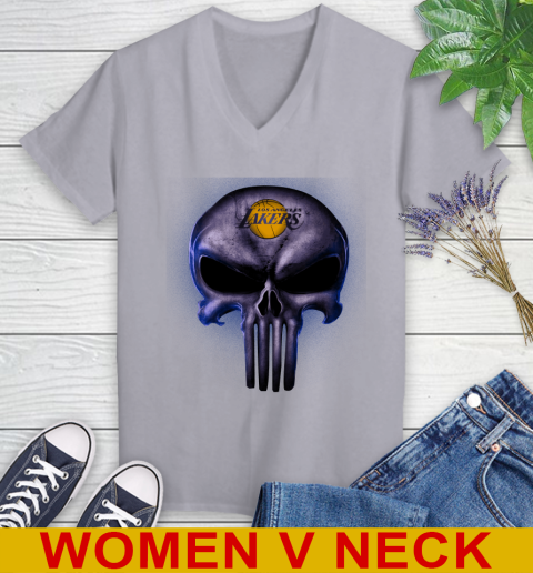 Los Angeles Lakers NBA Basketball Punisher Skull Sports Women's V-Neck T-Shirt 4