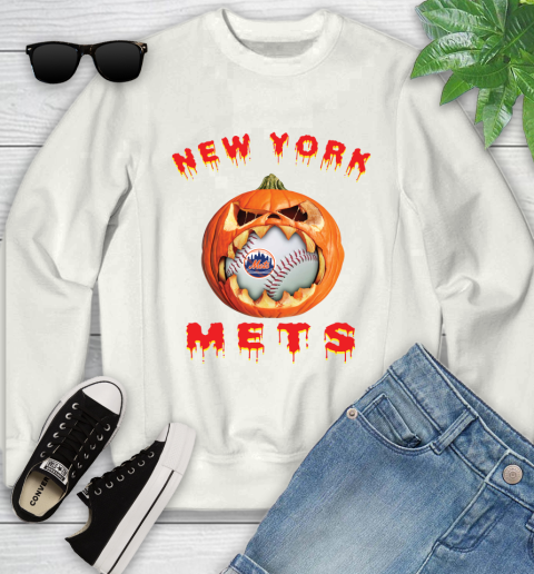 MLB New York Mets Halloween Pumpkin Baseball Sports Youth Sweatshirt