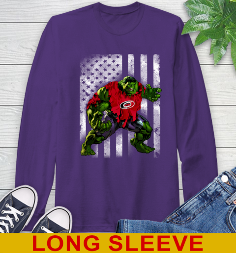Carolina Hurricanes Hulk Marvel Avengers NHL Hockey American Flag Long Sleeve T-Shirt 5