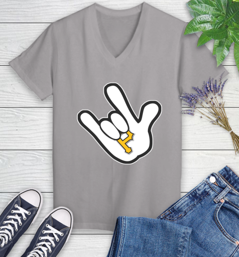 Pittsburgh Pirates MLB Baseball Mickey Rock Hand Disney Women's V-Neck T-Shirt 4