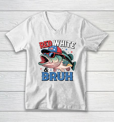 Red White And Bruh Shirt 4th Of July Patriotic Fish V-Neck T-Shirt