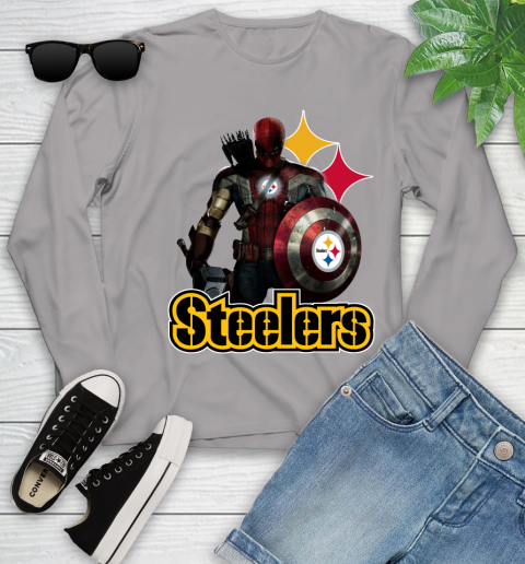 NFL Captain America Thor Spider Man Hawkeye Avengers Endgame Football Pittsburgh Steelers Youth Long Sleeve 5