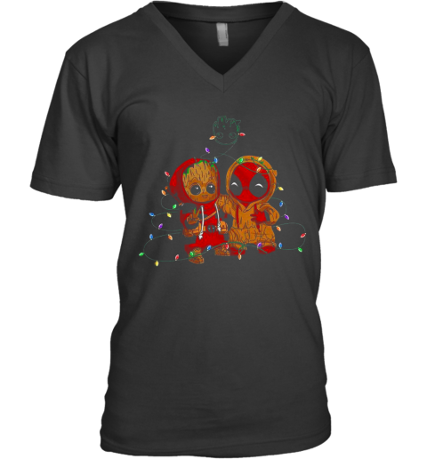 Baby Groot And Baby Deadpool Merry Christmas Light V-Neck T-Shirt